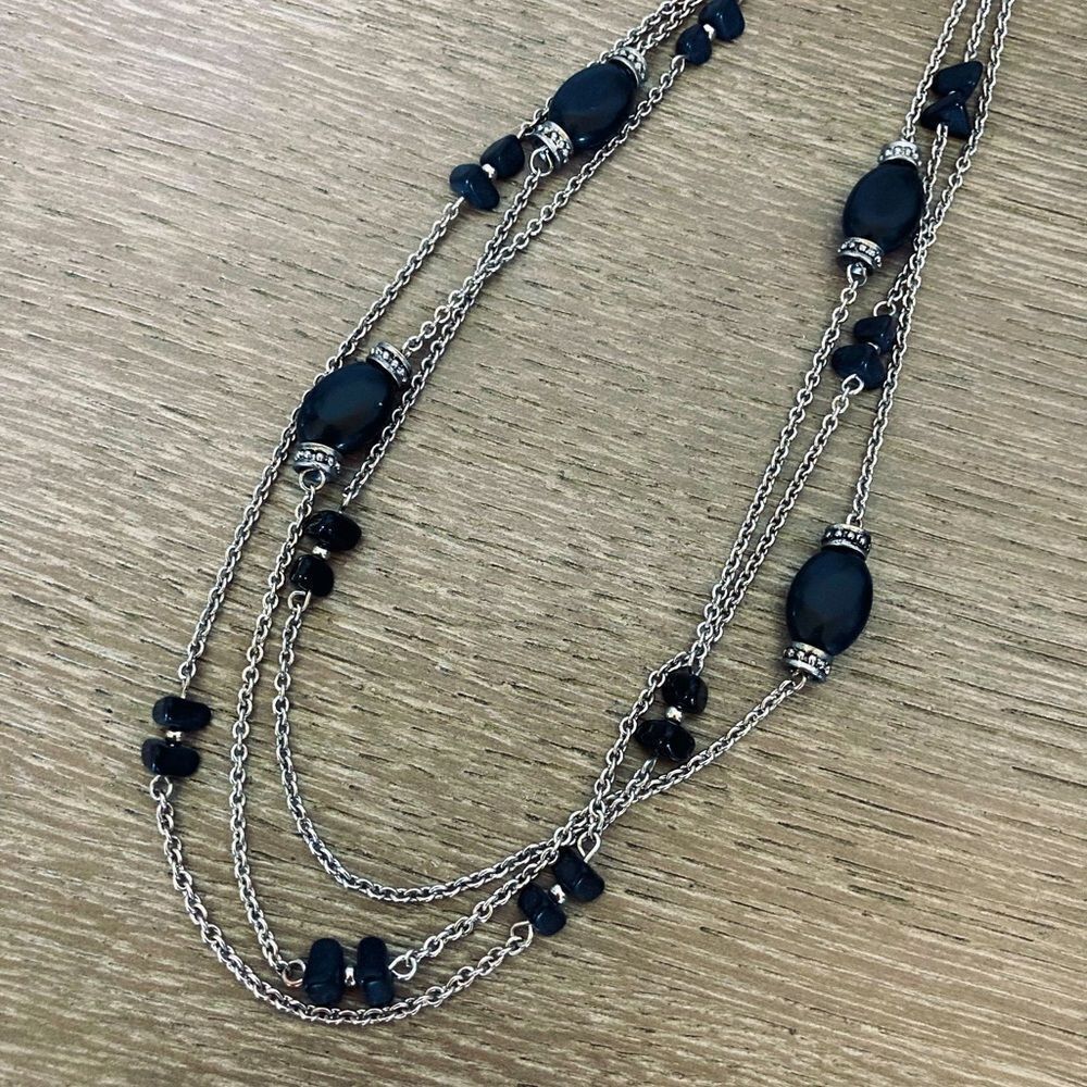 Black Stone Silver Multistrand Chain Accent Necklace